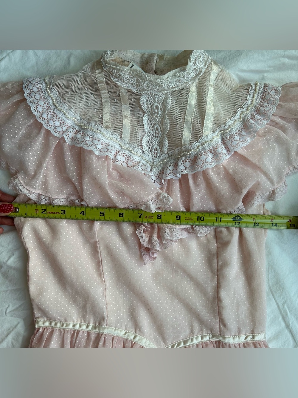 Gunne Sax Pink Polka Dot Lace Dress with Pearl Trim High Victorian Neckline - Picture 6 of 9